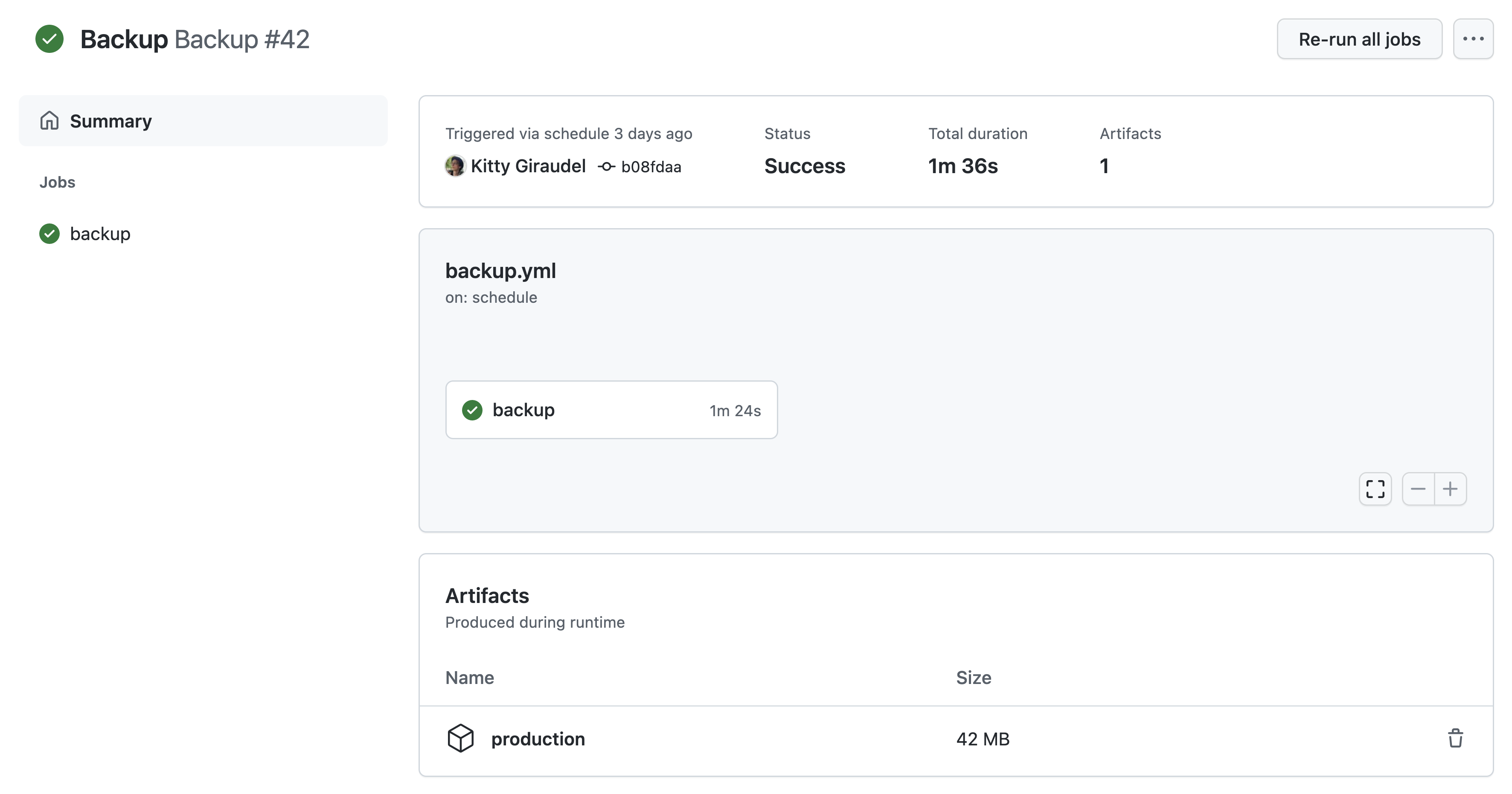 Screenshot of the page of a successful backup run, showing details about the run as well as the exported dataset which can be downloaded again