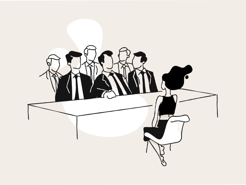 Illustration of a woman sitting at an interview table in front of 6 men in business suits